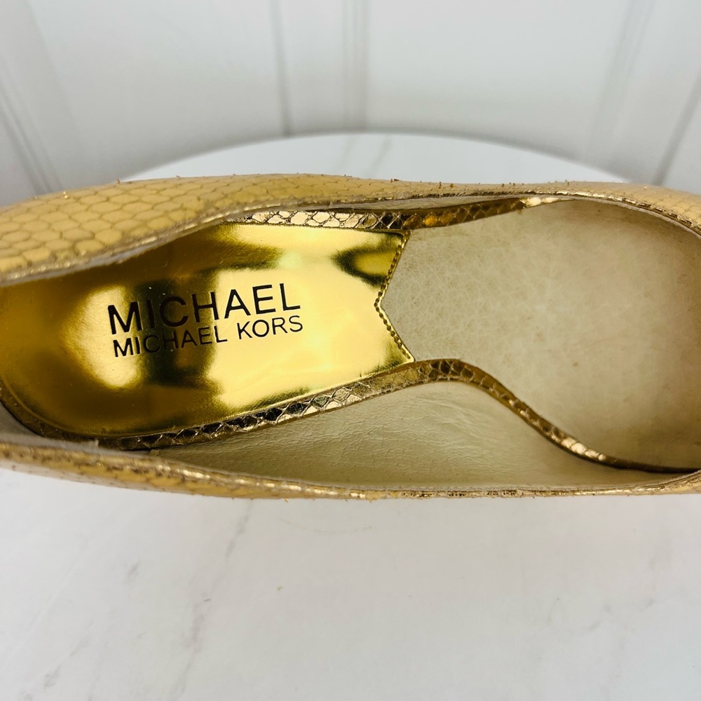 MICHAEL KORS Gold Leather Espadrille Wedge Slip On Peep Toes Pumps Shoes - Picture 8 of 11